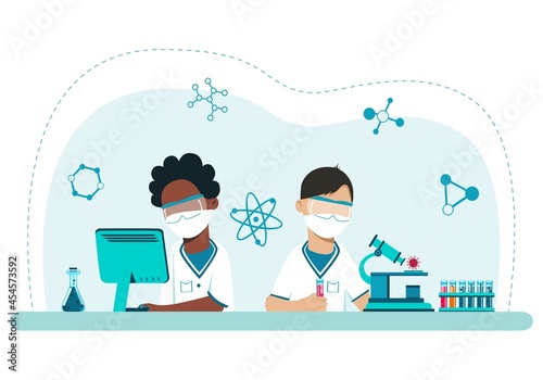 Students conduct chemical experiments. The concept of specialized education from adolescence. Completing the assignment online. Scientific School of Chemistry. Vector. Cartoon style