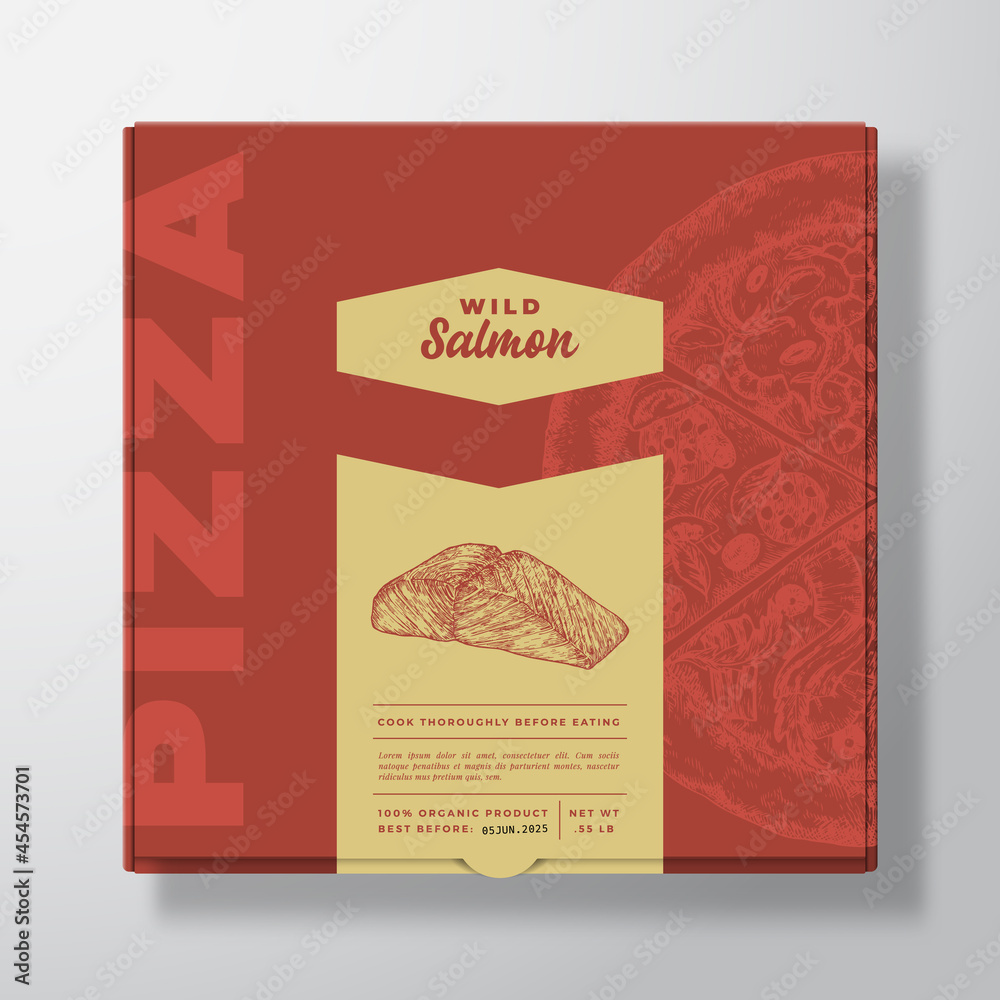 Pizza with Seafood Salmon Realistic Cardboard Box Mockup. Abstract Vector Packaging Design or Label. Modern Typography, Sketch Food and Color Paper Background Layout. Isolated
