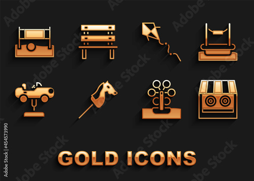 Set Toy horse, Bungee, Shooting gallery, Ferris wheel, Swing car, Kite, Volleyball net with ball and Bench icon. Vector