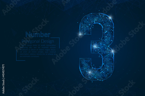 Abstract isolated blue image of a number three. Polygonal illustration looks like stars in the blask night sky in spase or flying glass shards. Digital design for website, web, internet.