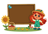 A little farmer girl and an empty wooden board on white background. Vector illustration for kids.