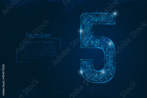 Abstract isolated blue image of a number five. Polygonal illustration looks like stars in the blask night sky in spase or flying glass shards. Digital design for website, web, internet.