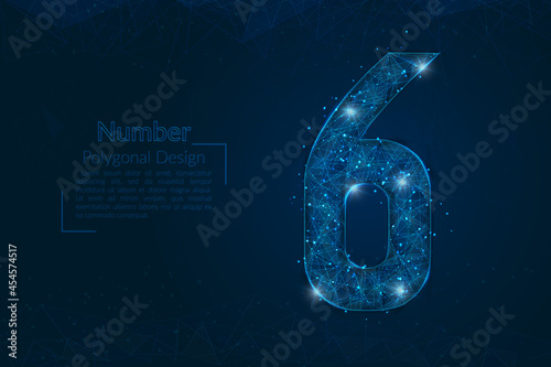 Abstract isolated blue image of a number six. Polygonal illustration looks like stars in the blask night sky in spase or flying glass shards. Digital design for website, web, internet.