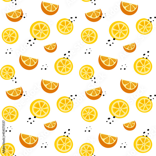 Seamless pattern with citrus orange, lemon and tangerine. Illustration fruits in cartoon style.