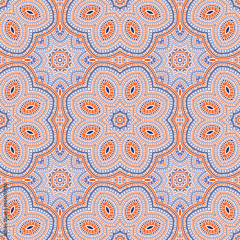 Moroccan ethnic floral vector seamless motif. Fabric print design. Classic azulejo pattern. Floor print design. Circles and lines elements texture.