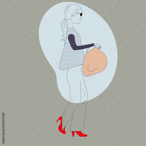 Silhouette of a girl who goes in red shoes with a bag in hand, flat drawing, striped sweater