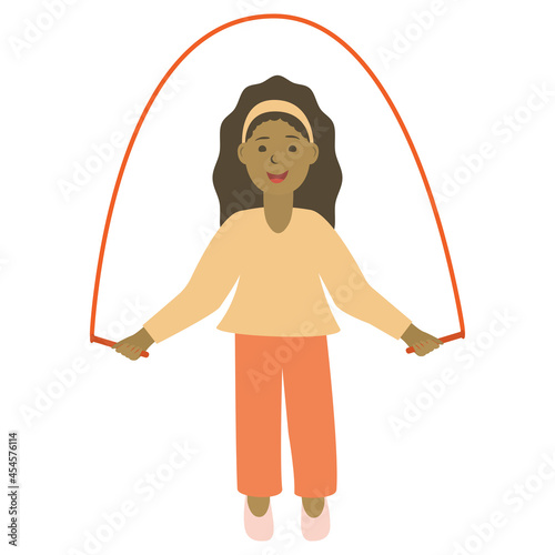 Young girl using skipping rope. Vector illustration. Isolated on white background