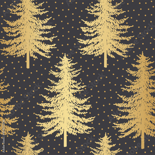 Kerstboom naadloos patroon. Noel gouden print, Nieuwjaar wintervakantie decoratie, gouden kerst achtergrond met sparren en sneeuwvlokken, behang, inpakpapier ontwerp