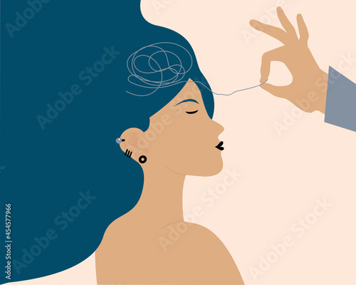 A Helping hand unravels the tangle of negative thoughts of a woman with mental health illness, anxiety and depression. Psychological support, psychotherapy, psychology concept. Vector illustration