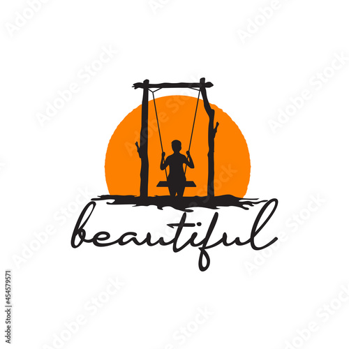logo of a girl playing on a swing by the beach with sunset background design