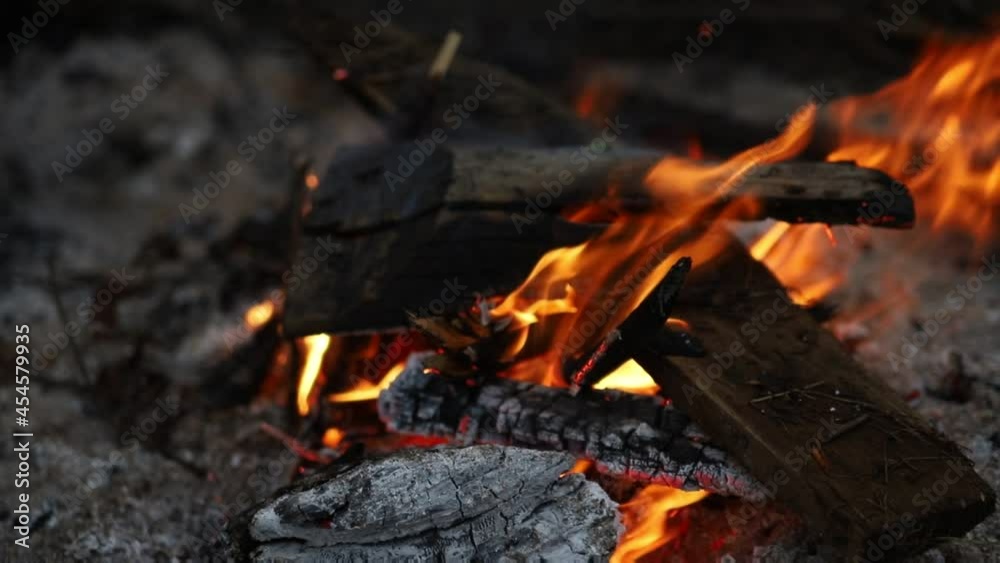 Bonfire close-up. Camp fire burns in the evening on the beach Bonfire close-up. Camp fire burns in the evening on the beach
