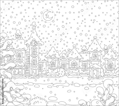 Toy houses of a pretty small town on a snowy winter night  black and white outline vector cartoon illustration for a coloring book page