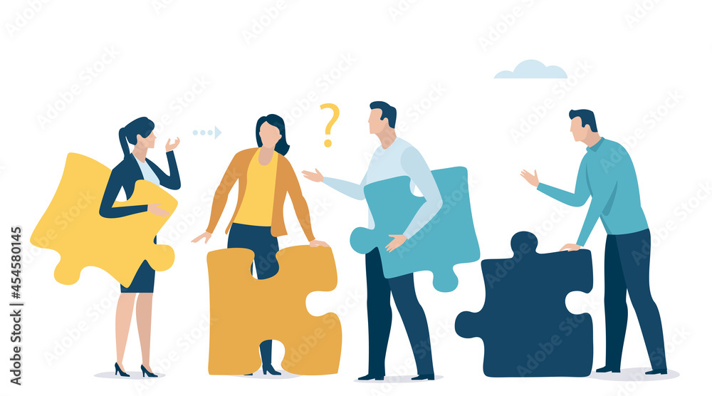 People holding puzzle elements. The concept of problems and finding a solution. Vector illustration.