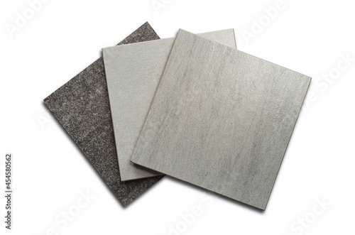 various texture of concrete ceramic tile samples swatch isolated on white background with clipping path. top view of tile in square shape samples (swatch or catalog) for selection.