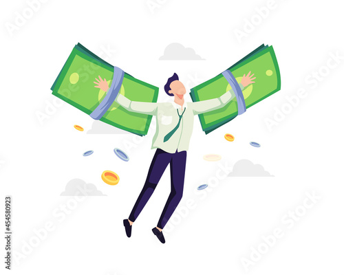 Businessman flying on money wings