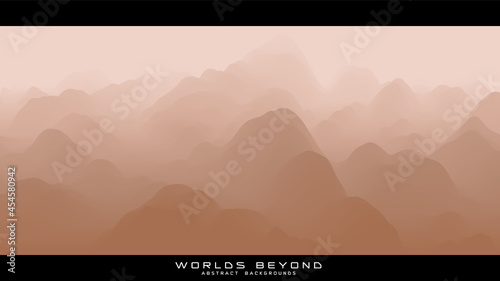 Abstract beige landscape with misty fog till horizon over mountain slopes. Gradient eroded terrain surface. Worlds beyond.