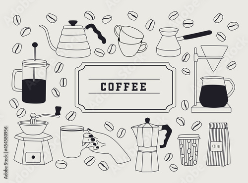 Vector hand drawn linear set with coffee stuff and equipment