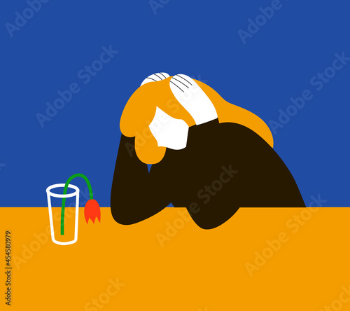 Depressed woman with withered flower in vase without water, vector illustration in flat cartoon style