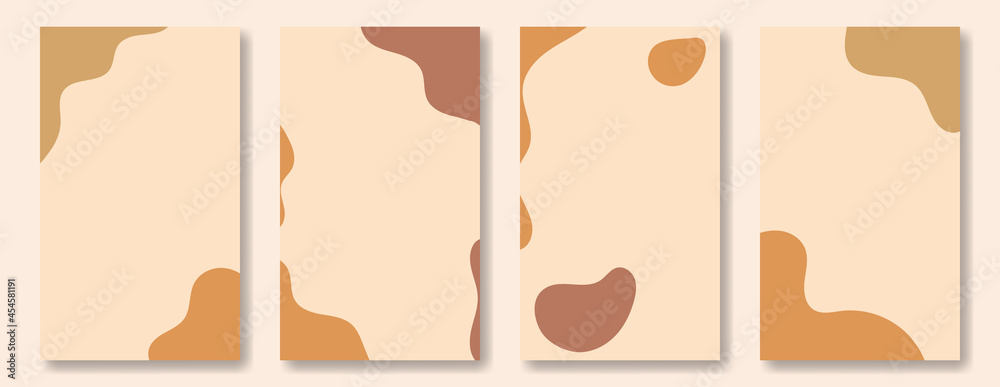 Set of minimalistic abstract vertical background, gold palette, skin tone, flowing shapes. Vector templates, backdrop with place for text, social media posting, stories