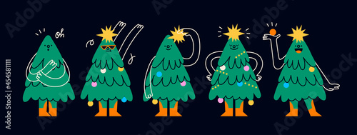 Set of funny Christmas trees. Characters with faces. Various emotions. Cartoon style. Merry Christmas, New year concept. Trees with hands, legs, garland with lights. Hand drawn Vector illustration