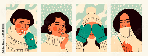 Close up portraits of young women wearing warm sweater, jacket, mittens, beanie and scarf. Snowy winter weather, holiday, Cozy clothes concept. Set of four Hand drawn trendy Vector illustrations