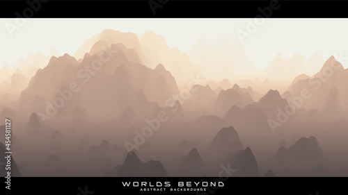Abstract beige landscape with misty fog till horizon over mountain slopes. Gradient eroded terrain surface. Worlds beyond.