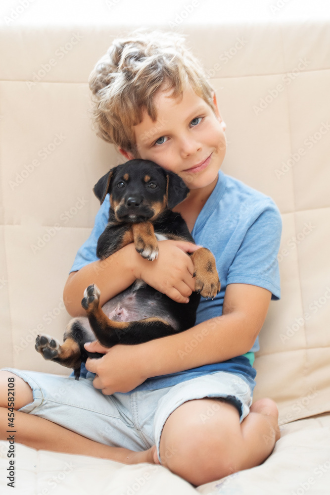 A boy with a little dog playing at home. A boy with a little dog playing at home.