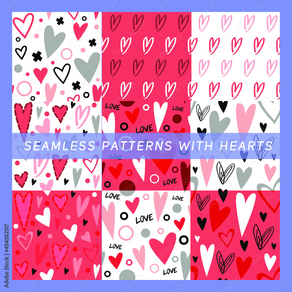 Seamless pattern with hand drawn hearts, Valentine Day, card decor, fabric wall art Seamless pattern with hand drawn hearts, Valentine Day, card decor, fabric wall art