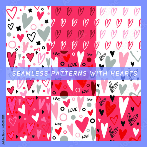 Seamless pattern with hand drawn hearts, Valentine Day, card decor, fabric wall art