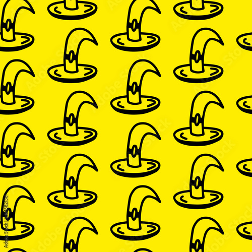 Vector halloween seamless pattern witch hat clipart on the yellow. Funny, cute illustration for seasonal design, textile, decoration kids playroom or greeting card. Hand drawn prints and doodle.
