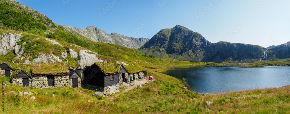 Fototapeta premium Historic stone buildings in the mountains of Folgefonna National Park in Norway.