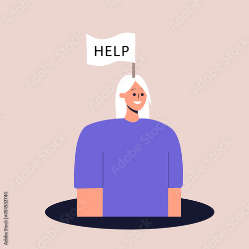 Frustrated woman is drowning in psychological problems. A flag with the inscription help. The concept of mental disorders, depression. Vector illustration in flat style. Eps 10.