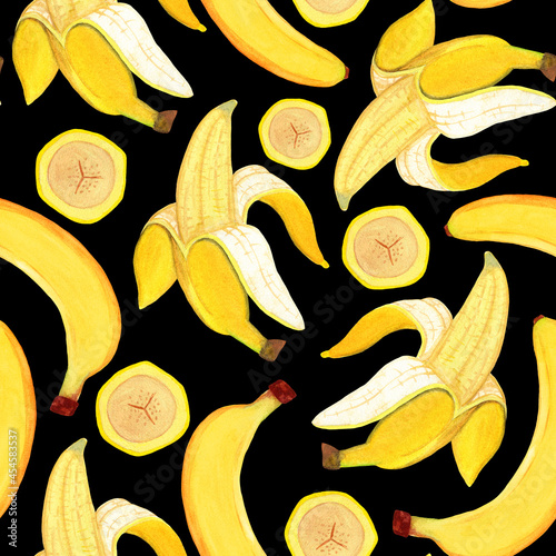 Bright banana watercolor seamless pattern on dark background. Half peeled banana with slices for textile, fabric, wrapping, cover. Side view