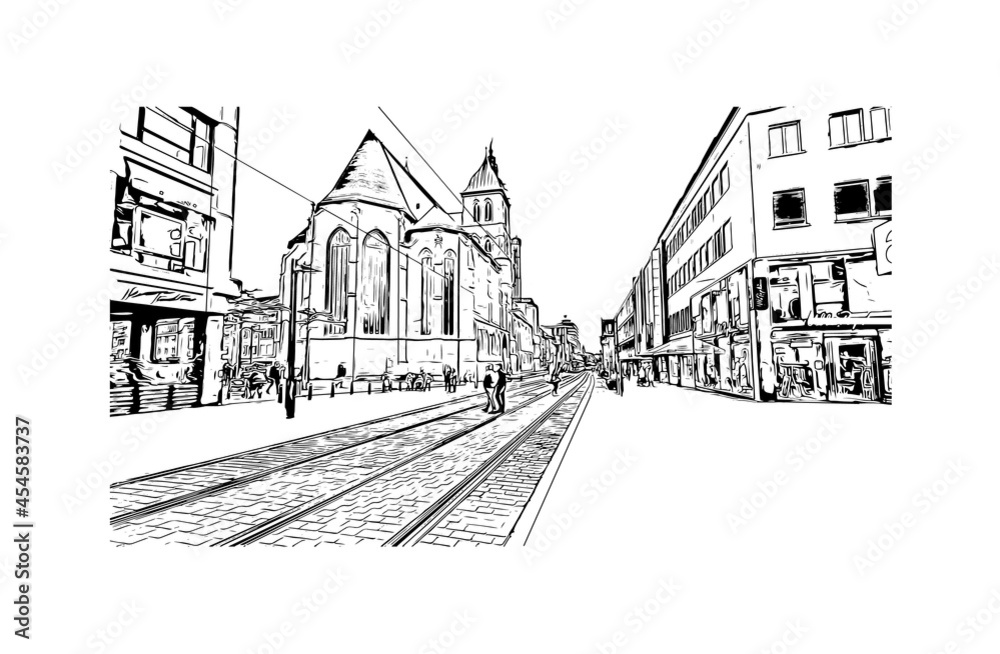 Building view with landmark of Heilbronn is the 
city in Germany. Hand drawn sketch illustration in vector.