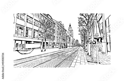 Building view with landmark of Heilbronn is the city in Germany. Hand drawn sketch illustration in vector.