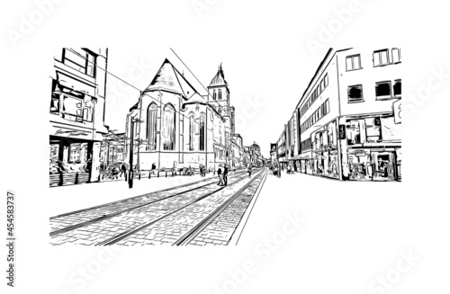 Building view with landmark of Heilbronn is the  city in Germany. Hand drawn sketch illustration in vector.