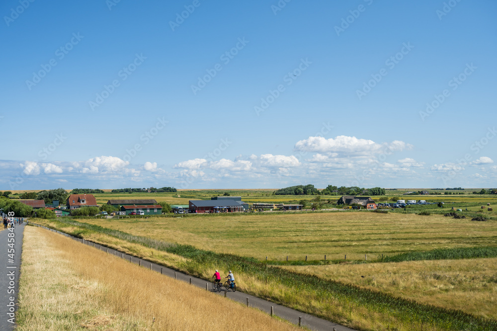 Landschaft Bauernhof hinter dem Deich mit Radwanderern