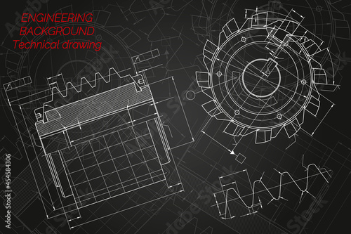 Mechanical engineering drawings on black background. Cutting tools, milling cutter. Technical Design. Cover. Blueprint. Vector illustration.