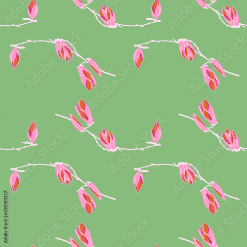 Seamless pattern Magnolias on green background. Beautiful texture with pink flowers.