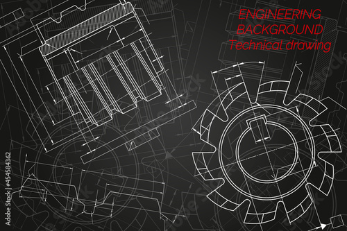 Mechanical engineering drawings on black background. Cutting tools, milling cutter. Technical Design. Cover. Blueprint. Vector illustration.
