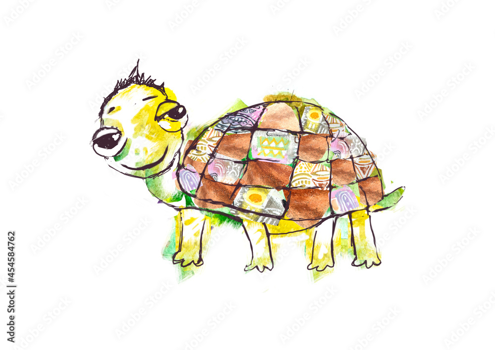 Fototapeta premium Funny turtle drawing isolated on white background. Animal cartoon graphic illustration.
