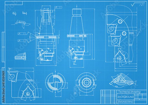 Mechanical engineering drawings on blue background. Tap tools, borer. Technical Design. Cover. Blueprint. Vector illustration.