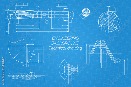 Mechanical engineering drawings on blue background. Tap tools, borer. Technical Design. Cover. Blueprint. Vector illustration.