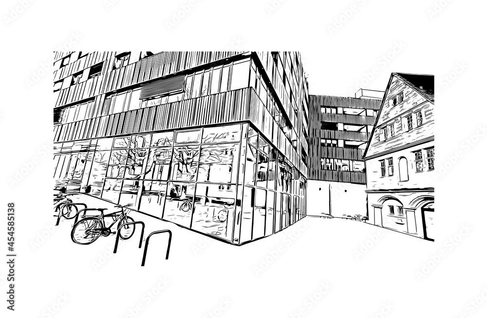 Building view with landmark of Heilbronn is the 
city in Germany. Hand drawn sketch illustration in vector.