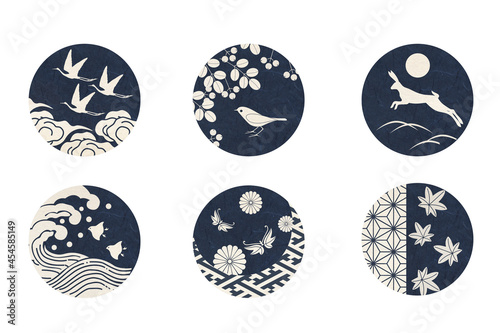動植物の装飾的な小さなデザイン　円形　セット　紺色・白の配色