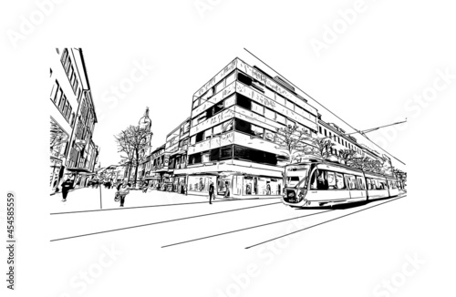 Building view with landmark of Heilbronn is the 
city in Germany. Hand drawn sketch illustration in vector.