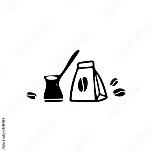 Black and white illustration of a coffee brewing cezve, coffee bag and coffee beans, kitchen ware, utensils. Doodle vector design for web and print. 