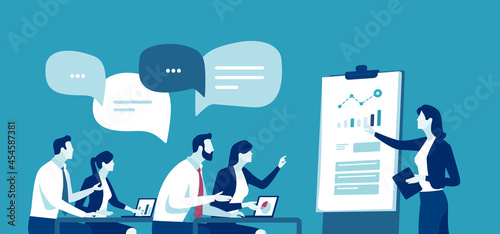 School, education, learning. Business illustration. The business team listens to the teacher. 
