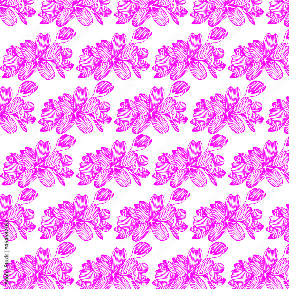 Vector seamless pattern with hand drawn sakura flowers. Beautiful floral design elements, ink drawing, graceful lines.