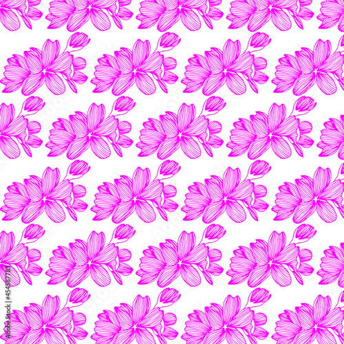 Vector seamless pattern with hand drawn sakura flowers. Beautiful floral design elements  ink drawing  graceful lines.